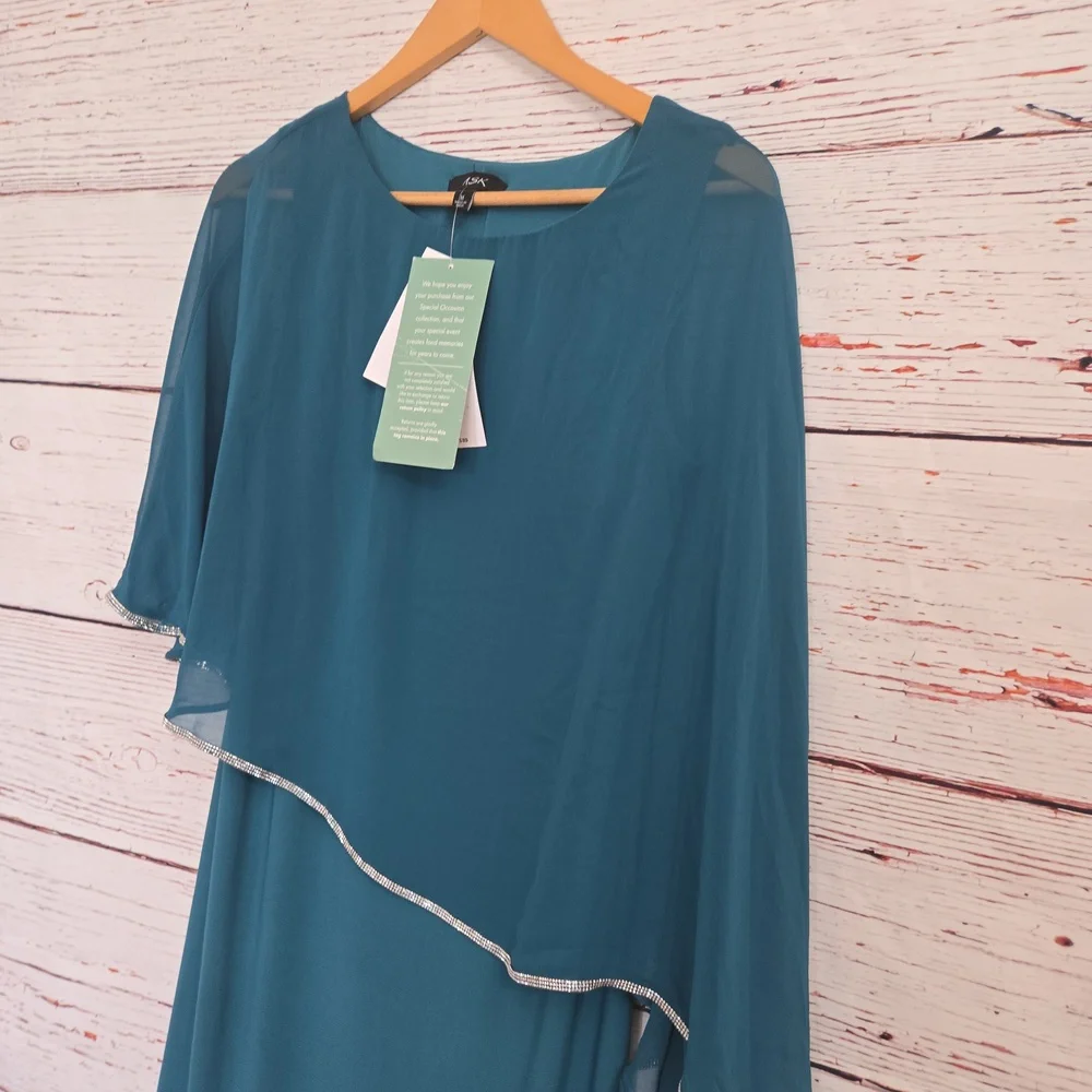 NWT MSK Teal Embellished Cape Overlay Dress Size M - Picture 5 of 14